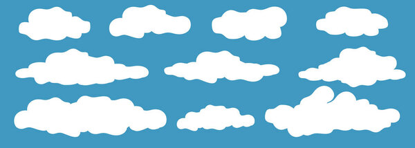 Набор мультяшных облаков. Белое облако, изолированное плоским дизайном на голубом фоне неба. Векторная иллюстрация погодного элемента или картины.