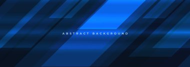 Koyu mavi, geometrik şekilli geniş afiş. Parlak mavi teknoloji soyut arka plan. Vektör illüstrasyonu