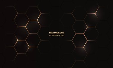 Altıgen teknolojisi siyah ve altın renkli bal peteği soyut arka plan. Vektör illüstrasyonu