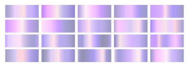 Parlak metal hologram dokusu mor gradyan seti. Parlak spektrum holografik pembe ve menekşe derecelendirme koleksiyonu. Vektör illüstrasyonu