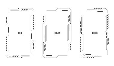 Teknoloji HUD çerçeve koleksiyonu. Modern fütüristik kapak seti. Kullanıcı arayüzü kontrol paneli vektör elementleri beyaz arkaplan üzerinde düz tasarım. Dijital ekran penceresi. Teknik vektör illüstrasyonu
