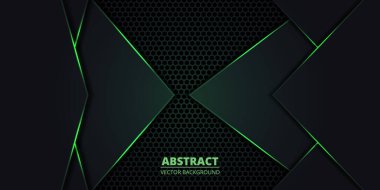 Altıgen ızgaralı, yeşil çizgili ve ok şekilli koyu soyut arkaplan. Teknoloji vektör illüstrasyonu