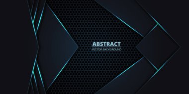 Altıgen ızgaralı ve mavi ışıklı çizgileri olan koyu soyut vektör arkaplanı. Bal peteği ızgarası ve karbon fiberli teknoloji fütüristik geçmişi.