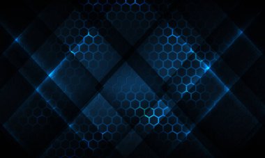 Karanlık altıgen oyun soyut vektör arkaplanı mavi renkli parlak ışıklar. Bal peteği desen ızgarası ile vektör illüstrasyonu