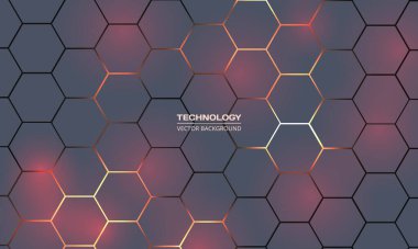 Gri ve kırmızı altıgen soyut teknoloji arka planında turuncu ve sarı renkli parlak ışıklar var. Altıgen oyun vektörü soyut teknik arkaplan.