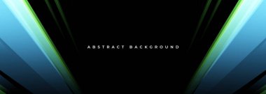 Mavi ve yeşil köşegen şekilli siyah modern geniş pankart. Karanlık geometrik soyut arkaplan. Vektör illüstrasyonu