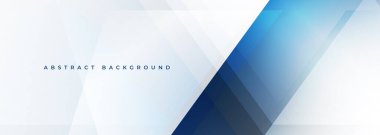 White modern abstract wide banner with blue line and geometric shapes. White and blue abstract background. Vector illustration