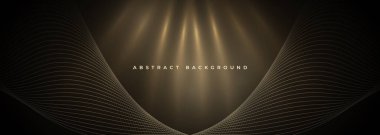 Siyah arka planda soyut parlak altın dalgalı çizgiler ve ışınlar. Vektör illüstrasyonu geniş pankart tasarımı