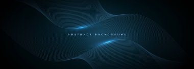 Parlak mavi dalgalı çizgileri olan soyut koyu mavi geniş vektör arkaplanı.