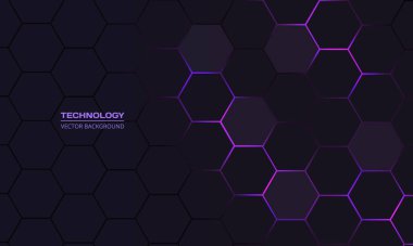 Altıgen altında mor ve pembe renkli parlak parıltılarla donatılmış koyu altıgen soyut teknoloji arka planı. Altıgen oyun vektörü soyut teknik arkaplan.