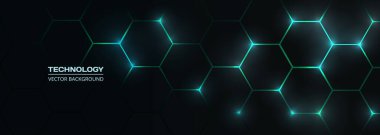 Altıgen altında mavi ve yeşil renkli parlak parıltılarla donatılmış koyu altıgen soyut teknoloji arka planı. Altıgen oyun vektör teknolojisi geniş illüstrasyon siyah soyut arkaplan.