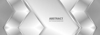 Geniş, lüks, soyut arka plan, gümüş eğimli çizgiler, üçgen oklar ve gölgeler. Modern ışık rengi geniş metalik afiş ve açılar. Vektör illüstrasyonu