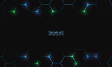 Altıgen altında mavi ve yeşil renkli parlak parıltılarla donatılmış koyu altıgen soyut teknoloji arka planı. Altıgen oyun vektör teknikleri çizimi siyah soyut arkaplan.