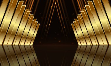 Altın şekilli ve ışık ışınlı ödül töreni arkaplanı. Soyut lüks arka plan. Vektör illüstrasyonu.