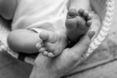 Baby feet in the hands of mother, father, older brother or sister, family. Feet of a tiny newborn close up. Little childrens feet surrounded by the palms of the family. Parents and their child. 