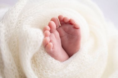 Close-up of tiny, cute, bare toes, heels and feet of a newborn girl, boy. Baby foot on white soft coverlet, blanket. Detail of a newborn baby legs.Macro horizontal professional studio photo. 