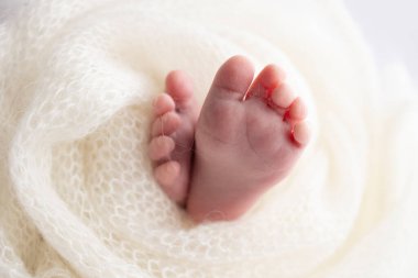 Close-up of tiny, cute, bare toes, heels and feet of a newborn girl, boy. Baby foot on white soft coverlet, blanket. Detail of a newborn baby legs.Macro horizontal professional studio photo. 