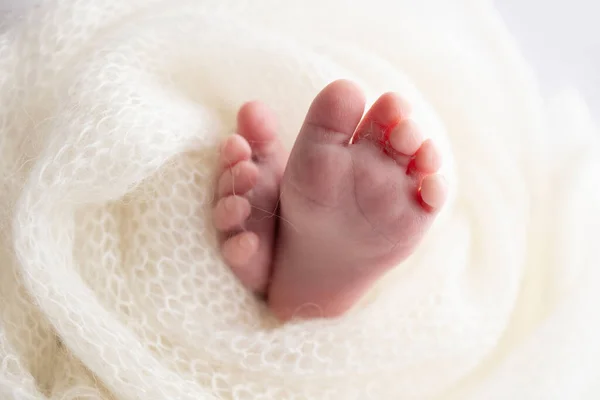 Close-up of tiny, cute, bare toes, heels and feet of a newborn girl, boy. Baby foot on white soft coverlet, blanket. Detail of a newborn baby legs.Macro horizontal professional studio photo.
