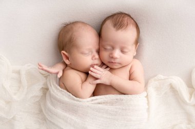 Tiny newborn twins boys in white cocoons on a white background. A newborn twin sleeps next to his brother. Newborn two twins boys hugging each other. Professional studio photography.