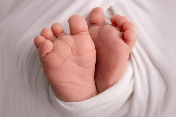 Крошечная Нога Новорожденного Мягкие Ноги Новорожденного Белом Одеяле Белом Фоне — стоковое фото