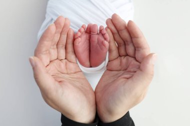 Annenin, babanın avuç içleri yeni doğan bebeğin ayağını beyaz bir battaniyenin içinde tutuyor. Yeni doğan bebeğin ayakları, ebeveynlerin avuçlarında. Stüdyo fotoğrafçılığı. Ayak, ayak ve ayak parmakları.. 