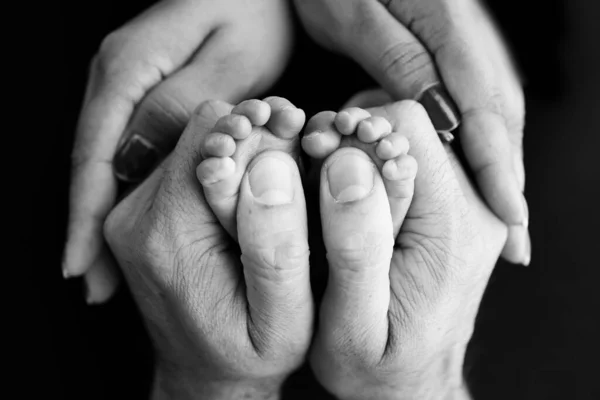 Childrens Foot Hands Mother Father Parents Feet Tiny Newborn Close — ストック写真
