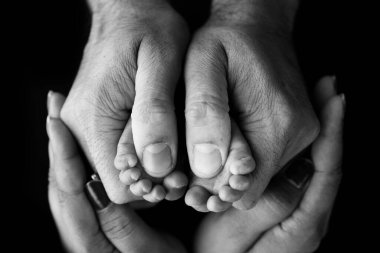 Childrens foot in the hands of mother, father, parents. Feet of a tiny newborn close up. Little baby legs. Mom and her child. Happy family concept. Black and white image of motherhood stock photo