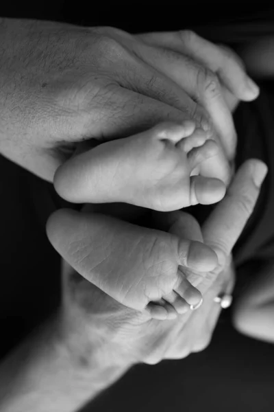 Černobílý Odstín Krásné Tvarové Ruce Matky Držet Malé Novorozence Nohy — Stock fotografie
