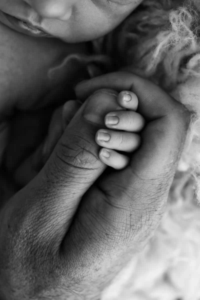 孩子的小手和父母的小手的特写 刚出生的婴儿紧紧抓住父母的大拇指 黑白摄影 — 图库照片
