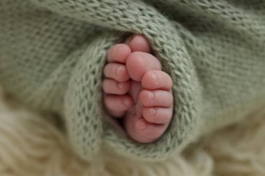 Yeni doğmuş bir bebeğin küçük ayağı. Yeşil, şam fıstıklı, beyaz bir flaccati arka planda zeytinli battaniyeli bir bebeğin yumuşak ayakları. Ayak parmaklarının, topuklarının ve ayaklarının makro fotoğrafı.. 
