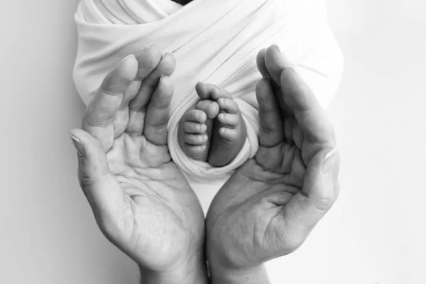 Black and white shade beautiful shape hands of mother, hold tiny newborn baby feet on white background with love, care, family safety and protection, child with premature birth concept or NICU care.
