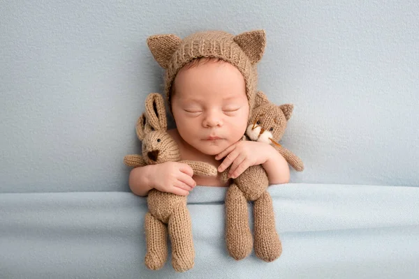 A cute newborn boy in the first days of life sleeps in a brown hat with cat ears. On a blue background with a blue blanket. With a toy brown kitten and a bunny. High quality photo