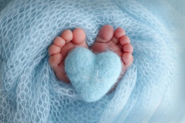 The tiny foot of a newborn baby. Soft feet of a new born in a wool blue blanket. Closeup of toes, heels and feet of a newborn. Knitted blue heart in the legs of baby. Macro studio photography. 