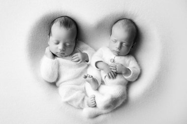 Beyaz takım elbiseli, beyaz arka planda küçük, yeni doğmuş ikiz çocuklar. Yeni doğan ikizler kalp arka planında erkek kardeşlerinin yanında uyurlar. İki yeni doğan ikiz erkek birbirine sarılıyor. Siyah ve beyaz. 