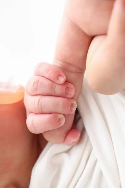 Close-up of babys small hand, head, ear and palm of mother Macro Photo of Newborn baby after birth tightly holding parents finger on white background. Family and home concept. Healthcare paediatrics
