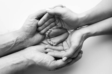 Baba 'nın avuç içi, anne yeni doğan bebeğin ayağını tutuyor. Yeni doğan bebeğin ayakları, ebeveynlerin avuçlarında. Stüdyo makro siyah beyaz bir çocuk fotoğrafı. Parmak, topuklar ve ayaklar.. 