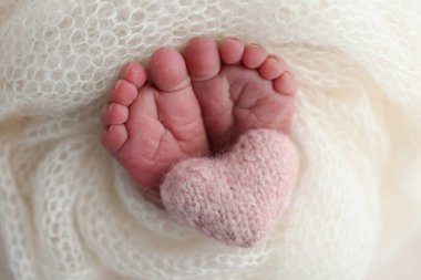 Yeni doğmuş bir bebeğin küçük ayağı. Beyaz yün battaniyenin içinde yeni doğmuş bir bebeğin yumuşak ayakları. Ayak parmakları, topuklar ve yeni doğmuş bir bebeğin ayakları. Bir bebeğin bacaklarında pembe bir kalp örülmüş. Makro fotoğrafçılık 