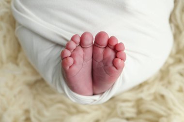 Yeni doğmuş bir bebeğin küçük ayağı. Beyaz arka planda beyaz yün bir flaccati içinde yumuşak bir bebeğin ayakları. Ayak parmaklarının, topuklarının ve ayaklarının makro fotoğrafı.. 