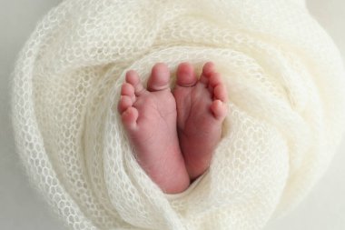 The tiny foot of a newborn. Soft feet of a newborn in a white woolen blanket. Close up of toes, heels and feet of a newborn baby. Studio Macro photography. Womans happiness. 