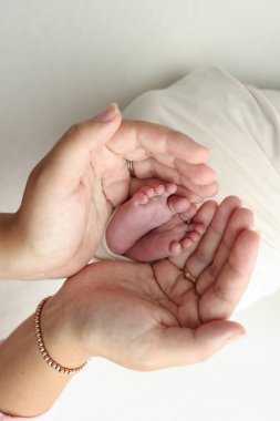 Ebeveynlerin avuç içleri. Bir anne ve baba, beyaz bir arka planda beyaz bir battaniyeyle yeni doğmuş bir çocuğun ayaklarını tutuyor. Ebeveynlerin elinde yeni doğmuş bir bebeğin ayakları. Ayak, topuklar ve ayak parmaklarının fotoğrafı.