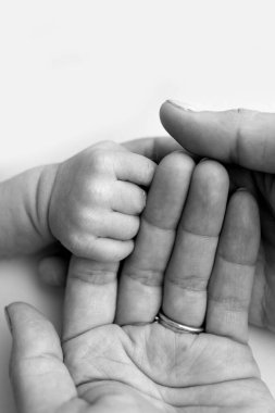 Yeni doğan bebek, doğumdan sonra ebeveyn parmağına sıkı sıkıya tutunur. Çocuğun küçük eli ve anne ve babanın avuç içi. Ebeveynlik, çocuk bakımı ve sağlık hizmeti konsepti. Siyah beyaz fotoğraf. 