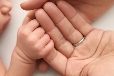 Close-up little hand of child and palm of mother and father. The newborn baby has a firm grip on the parents finger after birth. A newborn holds on to moms, dads finger.