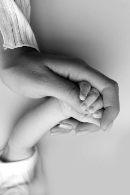 Close-up little hand of child and palm of mother and father. The newborn baby has a firm grip on the parents finger after birth. A newborn holds on to moms, dads finger. Black and white photo. 