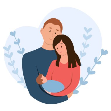 Yeni doğmuş bebek kucağında mutlu ebeveynler. Genç anne ve baba, yeni doğmuş düz vektör çizimi. Bebek sahibi olmak, ebeveynlik, afiş için çocuk bakımı konsepti, web sitesi tasarımı veya iniş sayfası.
