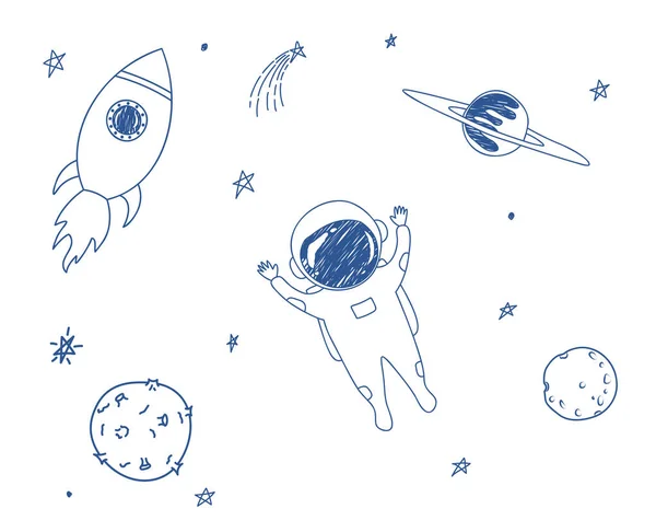 白い背景にかわいい子供っぽいドードルスタイルで青い幸せな宇宙飛行士 惑星や星を描きました プリント ファブリック テキスタイル パターン 赤ちゃんや子供のアパレルなどのベクトルイラスト — ストックベクタ