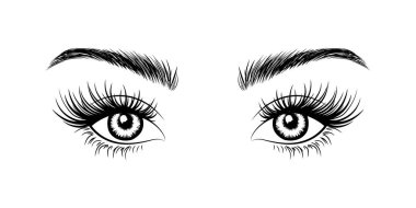 Kadının seksi makyajı, mükemmel şekilli kaşları ve kirpikleriyle. Kartvizit, daktilo, baskı ve ön plan için vektör çizimi. Mükemmel bir kuaför. Kaşlar ve kırbaçlar.