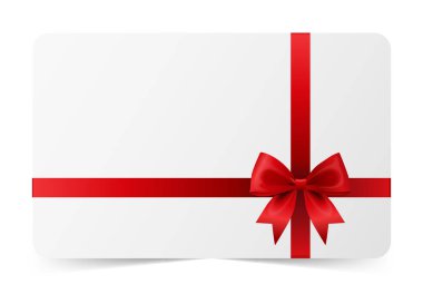 Kırmızı Saten Kurdeleli ve Zarif Fiyonklu Vektör 3D Gerçekçi Hediye Kartı. Beyaz arkaplanda boş bir şablon, Sevgililer Günü, Noel, Satış veya Davetiye Tasarımı izole edilmiş.
