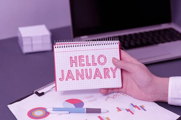 Kézírás Jel Hello January Business Concept Greeting Első Hónapjának Köszöntésekor — Stock Fotó