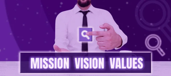 Inspiration showing sign Mission Vision Values, Word Written on company business profile goal and care statement
