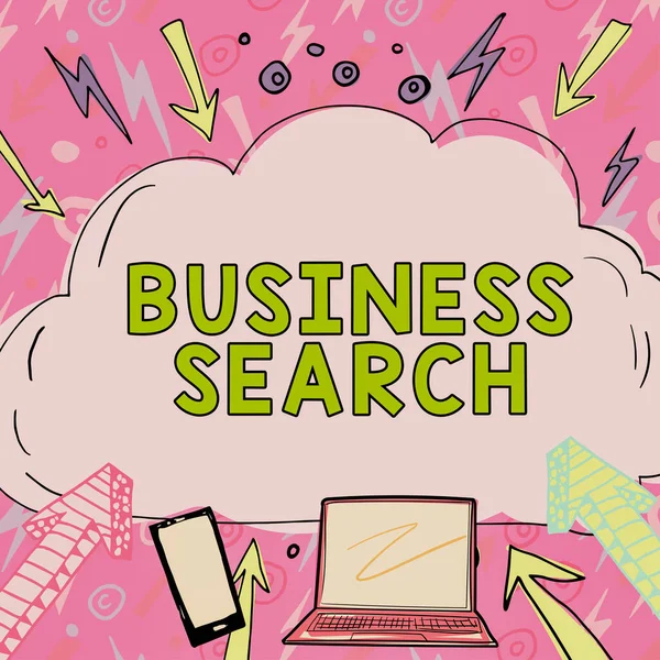 介绍业务搜索 代表公司前往一个或多个目的地的业务方法的文字标题用云彩写在顶部 手机和箭头上 — 图库照片